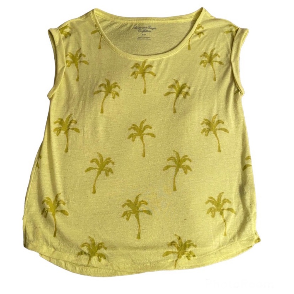 AE bright yellow palm tree print sleeveless tee S